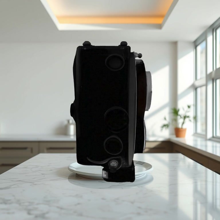 Same Rolleiflex camera, viewed from a different angle in the cinematic render. The full chunky body is visible — top, side controls, depth — proving the 3D output has real volume rather than being a flat plate that rotates.