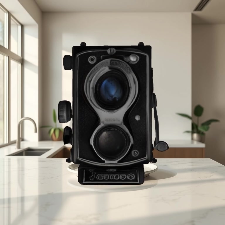 Lensora Studio output: same 3D camera, close-up dolly shot. Auto-orient placed the front face square to the camera, kitchen background gently out of focus behind the subject.