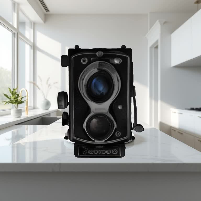 Lensora Studio output: a vintage twin-lens reflex camera rendered as a 3D model, sitting on a marble countertop in a sunlit kitchen. The whole scene was synthesized from one photo of the camera.