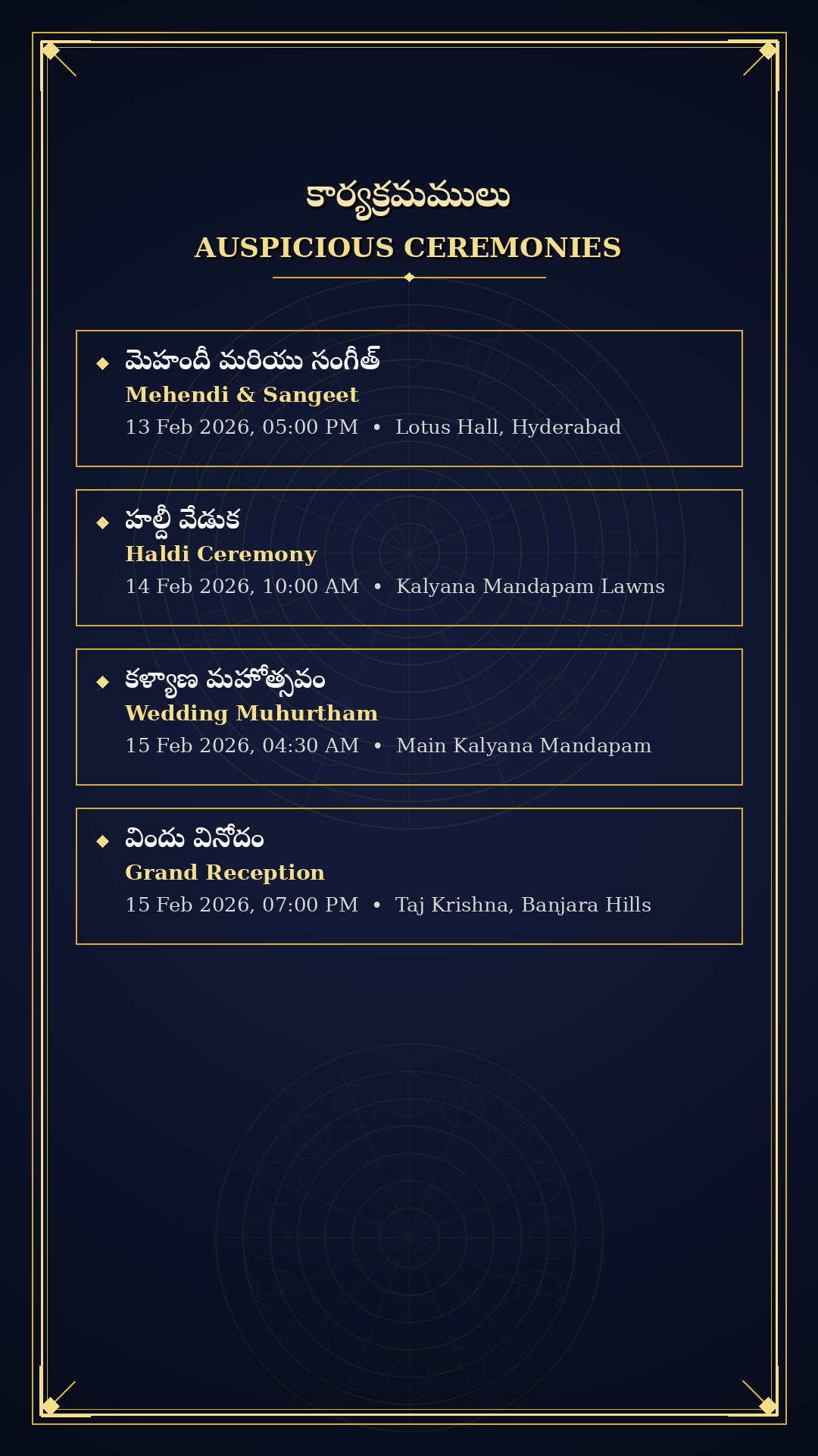 Ceremonies itinerary timeline