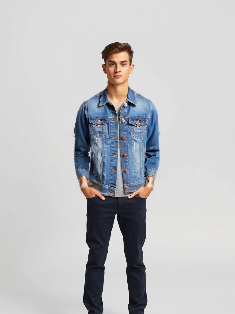 AI-created male fashion model wearing a denim jacket