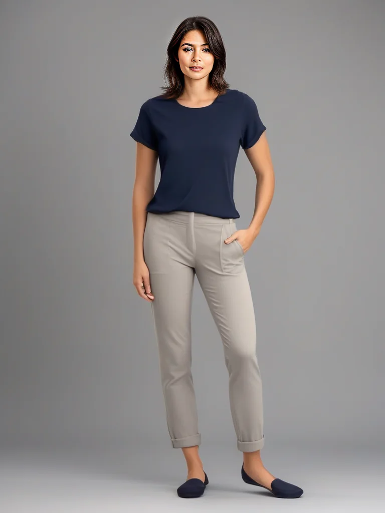 AI-created fashion model in a navy shirt against a studio background
