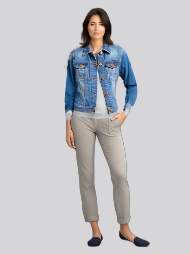 AI-created female fashion model wearing a denim jacket