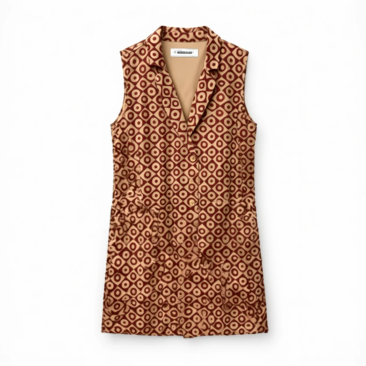 Patterned sleeveless garment arranged as a clean ecommerce flat lay