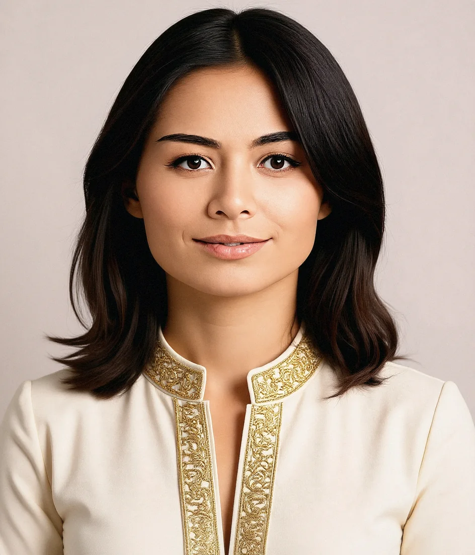 AI-created studio portrait of a woman in an ivory jacket with gold embroidery