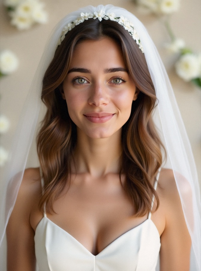 AI aesthetic bridal portrait in a minimalist white silk dress with a soft veil and white flowers