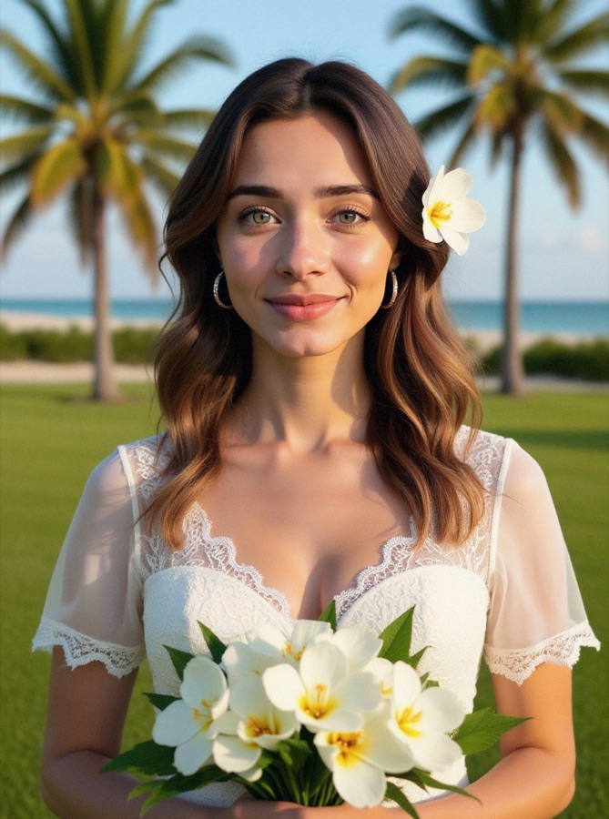 AI Brazilian bridal portrait in a white lace gown with orchids at a palm beach garden