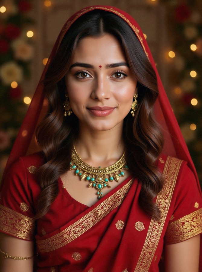 AI Indian bridal portrait in a red silk saree with gold border and bridal jewellery
