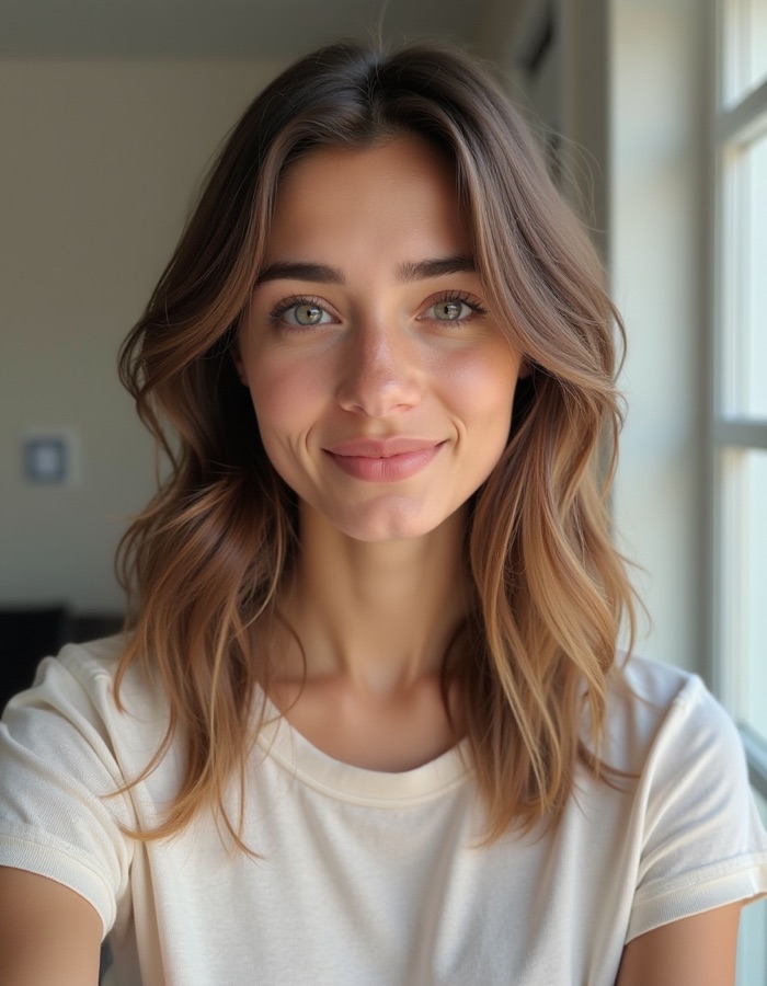 Example selfie used as input: woman in a white t-shirt by a window