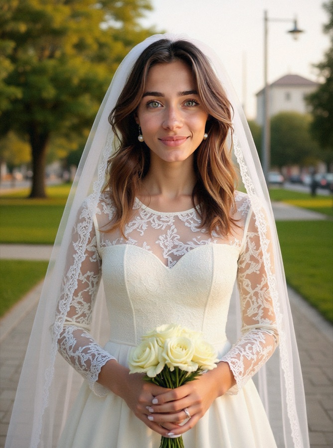 AI bridal portrait of the same woman in a long-sleeved ivory lace wedding gown and cathedral veil holding white roses