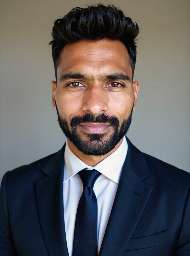 AI headshot: executive dark suit and tie (synthetic person)
