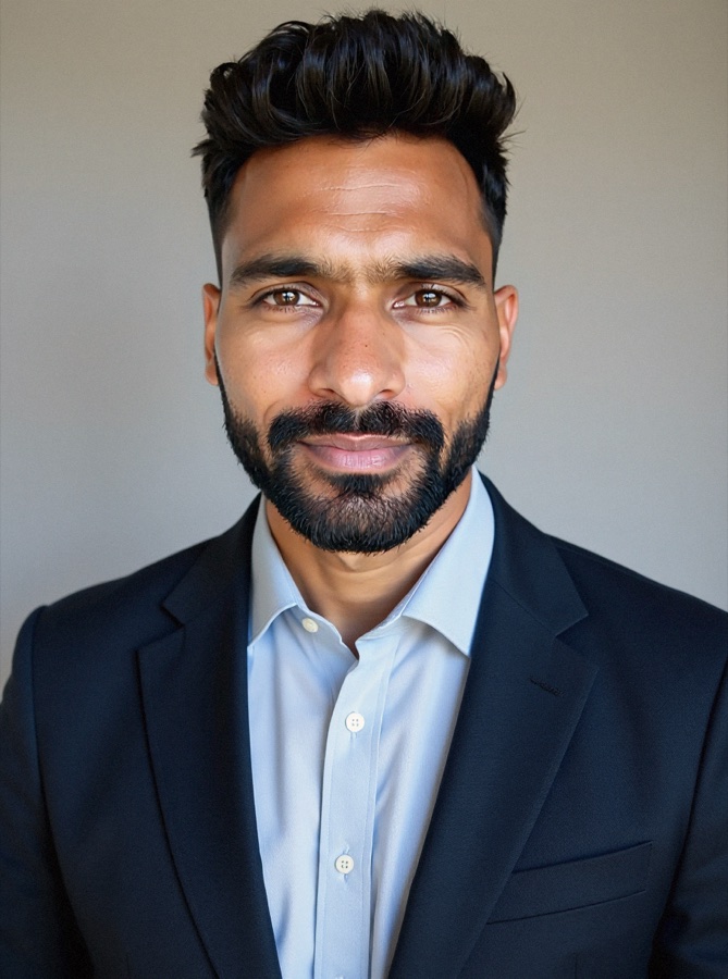 AI headshot: LinkedIn style, navy blazer, grey studio backdrop (synthetic person)