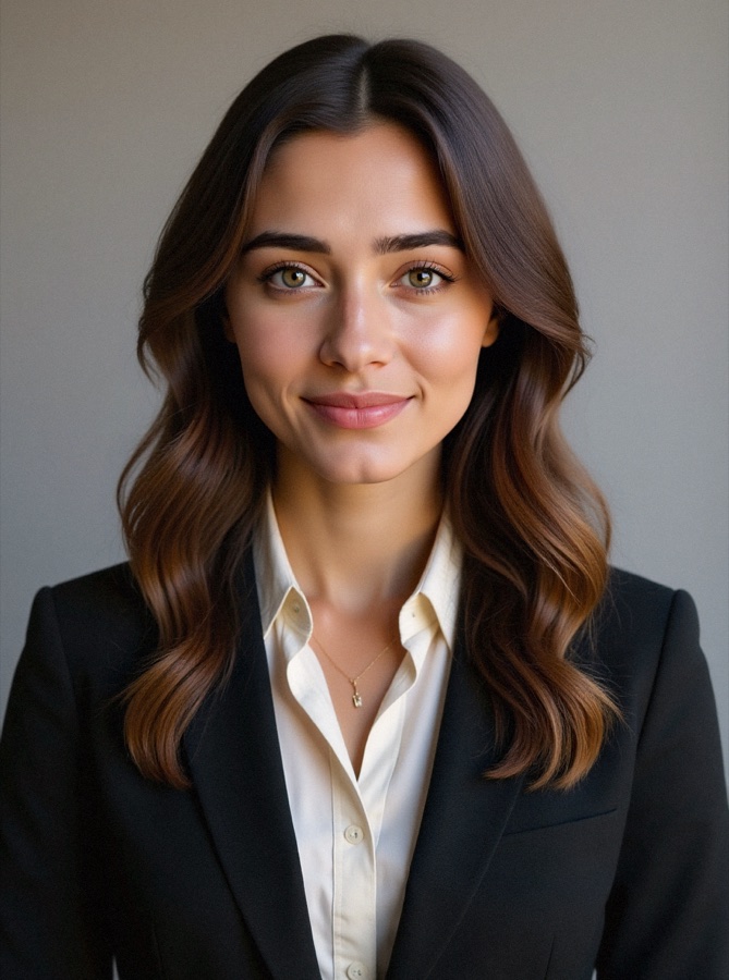 AI headshot: black blazer, cream shirt, grey studio backdrop (synthetic person)