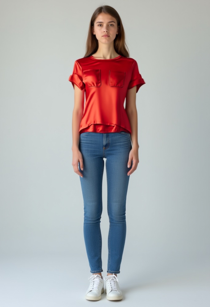 Try-on result: red two-pocket top on the same person (synthetic model)