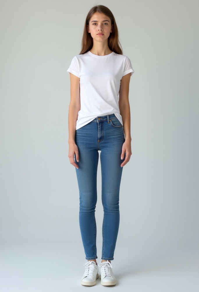 Original photo before try-on: plain white t-shirt (synthetic model)